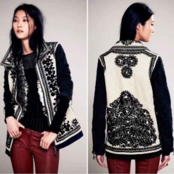 Free People XS black white embroidered zip front collared field jacket boho - Picture 6 of 15